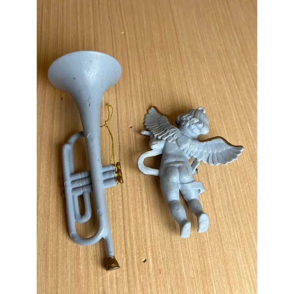 Vintage Light Blue Cherub and Trumpet Musical Christmas Ornaments Gold Accents
